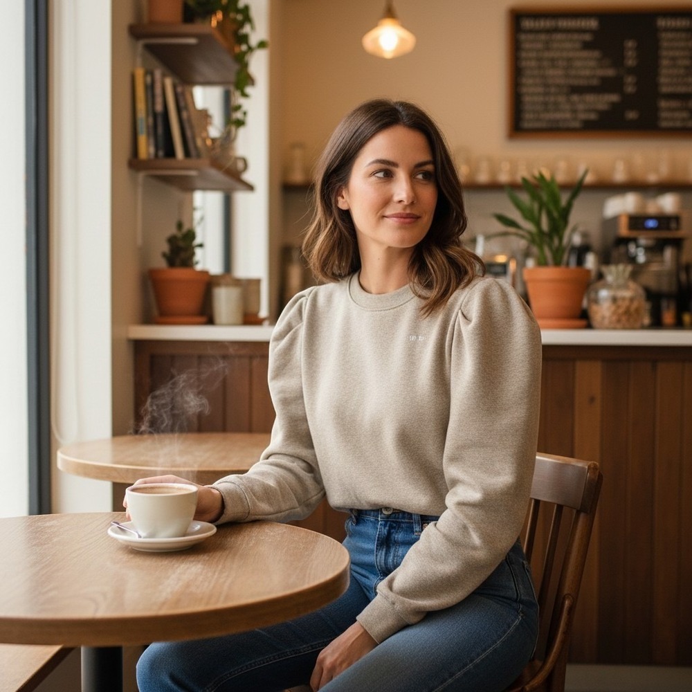 Puff-Sleeve Crewneck Sweatshirt in Beige
